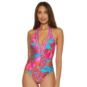 Trina Turk Meilani Border Halter Plunge One Piece Swimsuit Size 12 NEW